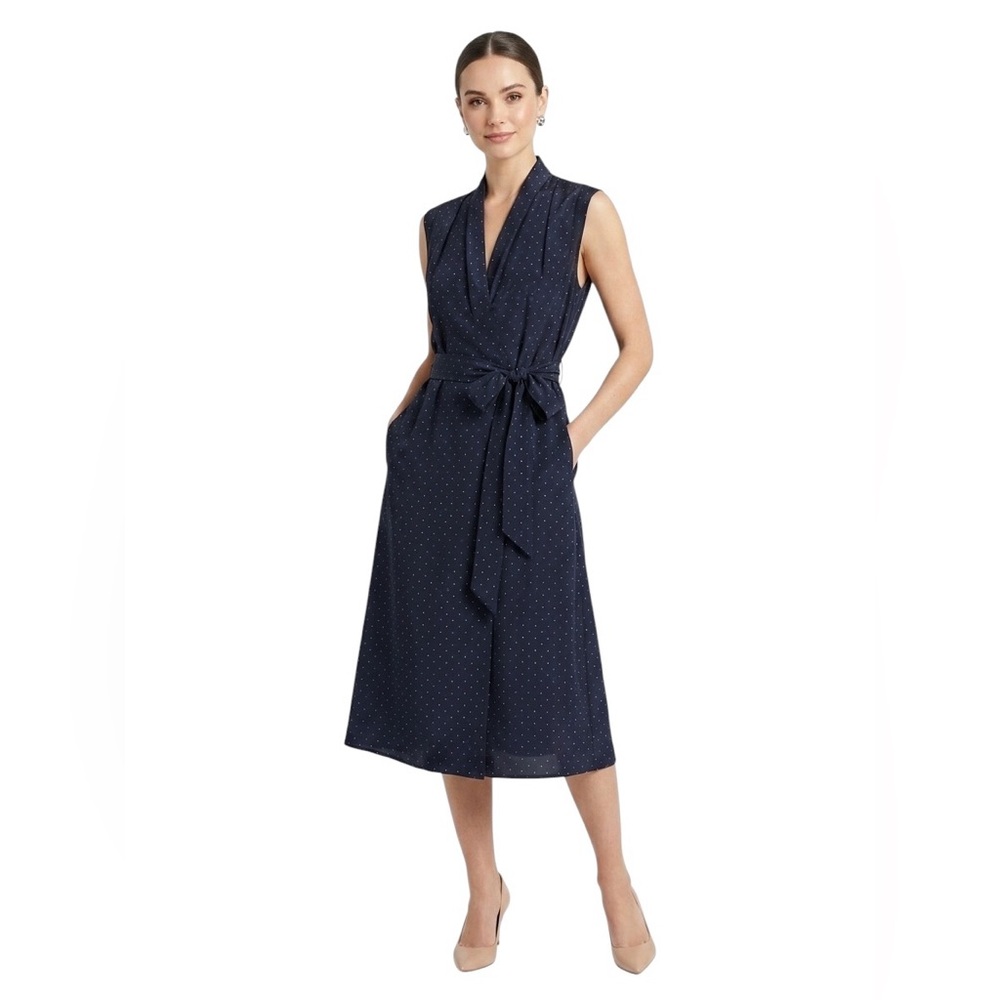 Vince Blue Silk Polka Dot Midi Dress M Sleeveless V Neck Casual Cocktail Pockets - Picture 16 of 16